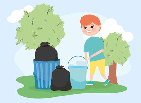 boy bucket and garbage bagsのイラスト素材
