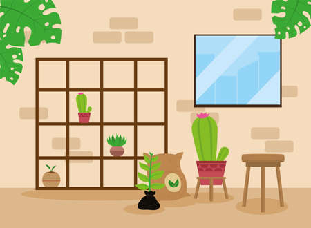 houseplants in shelvingのイラスト素材