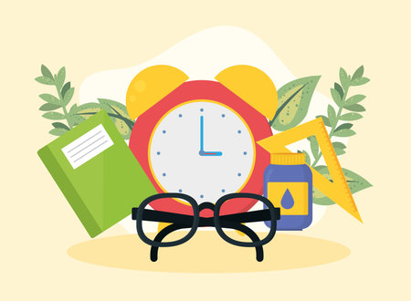 school supplies and clockのイラスト素材