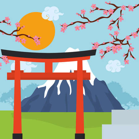 Japan illustration with fuji mountainのイラスト素材