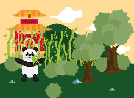 chinese temple and pandaのイラスト素材