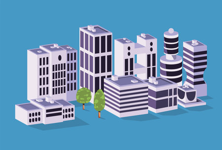 nine isometric buildings scene