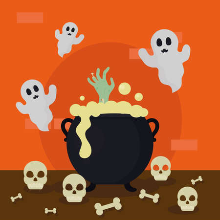 halloween witch cauldron and ghostsのイラスト素材