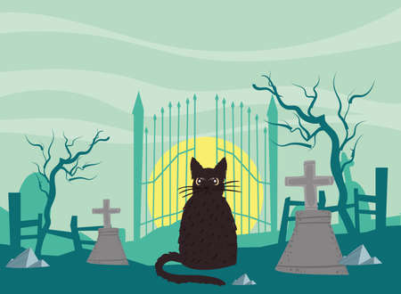 halloween cemetery with catのイラスト素材