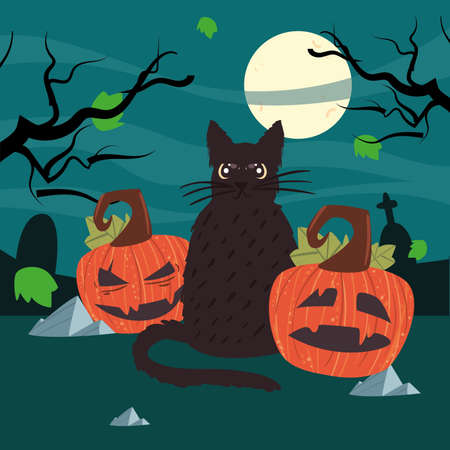 halloween pumpkins and catのイラスト素材