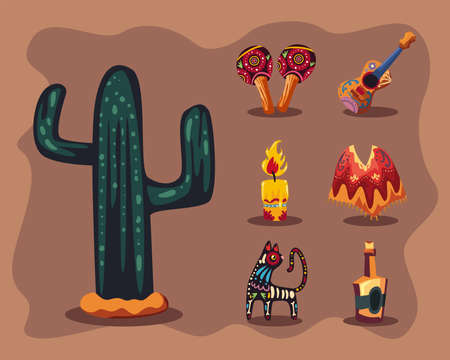 mexican cactus with iconsのイラスト素材