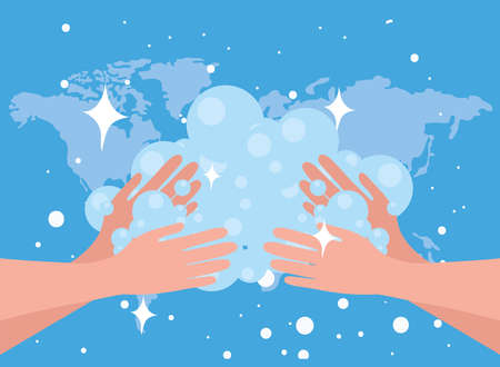 hands holding soap bubbles on blue backgroundのイラスト素材
