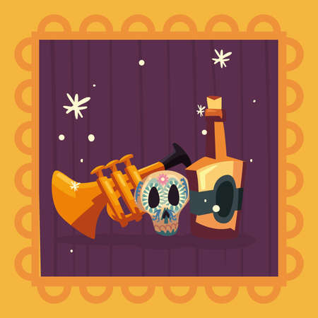 Mexican trumpet skull and tequilaのイラスト素材