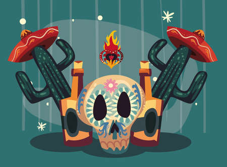 Day of the dead skull with tequilas and candlesのイラスト素材