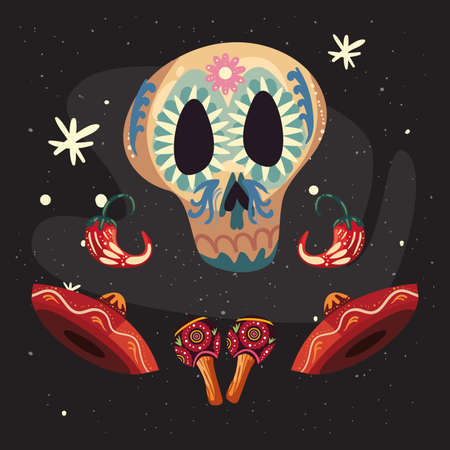 Mexican skull with hats and maracasのイラスト素材