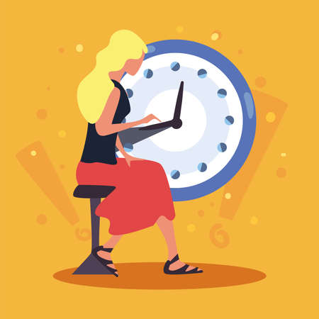 Woman with laptop and clockのイラスト素材