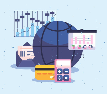 global sphere with financial iconsのイラスト素材