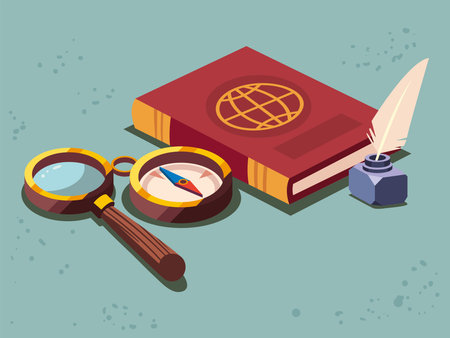 Geography loupe with compass and bookのイラスト素材