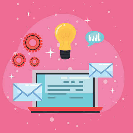 Laptop with light bulb and envelopesのイラスト素材