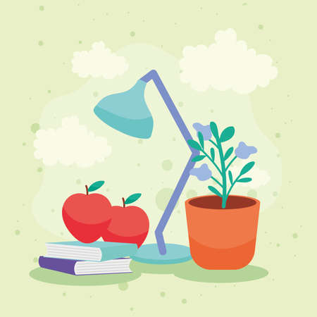 lamp plant and apples on booksのイラスト素材