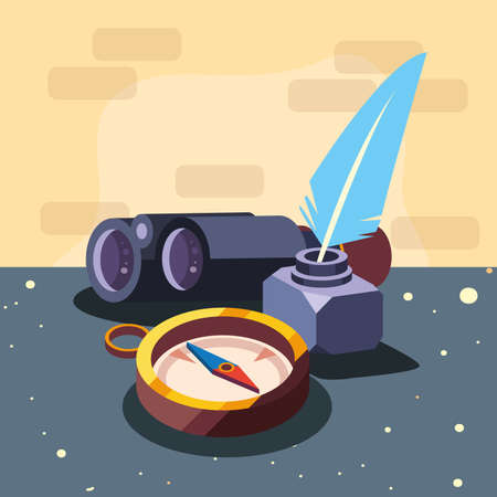 compass binoculars and feather penのイラスト素材