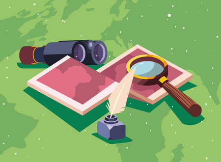 map lupe binoculars and feather penのイラスト素材