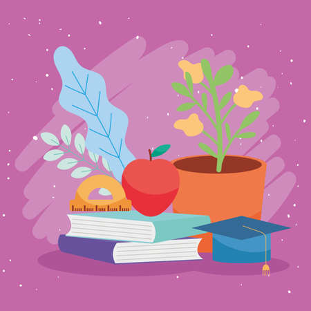 plant cap and apple on booksのイラスト素材