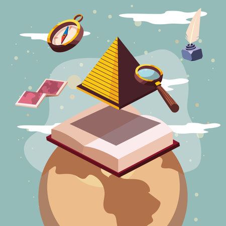 pyramid with lupe over book and worldのイラスト素材