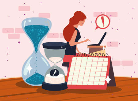 woman working with calendar and sand hourglassesのイラスト素材