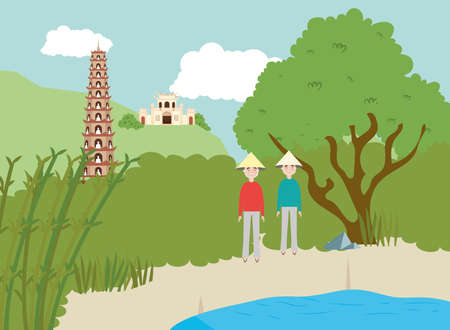 vietnamese people in landscapeのイラスト素材