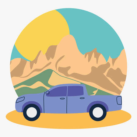pickup truck over rocky mountainsのイラスト素材