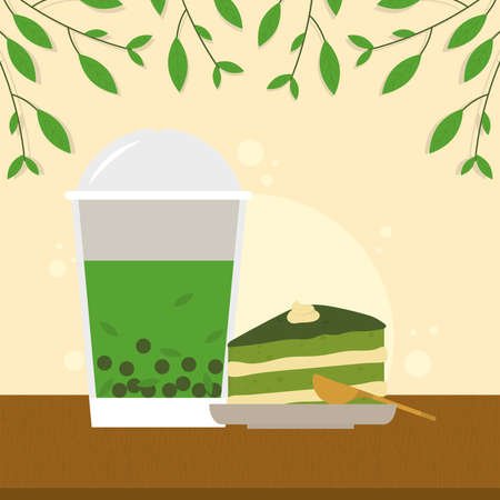 matcha bubble tea and cakeのイラスト素材