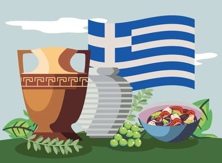 greece vases and flagのイラスト素材