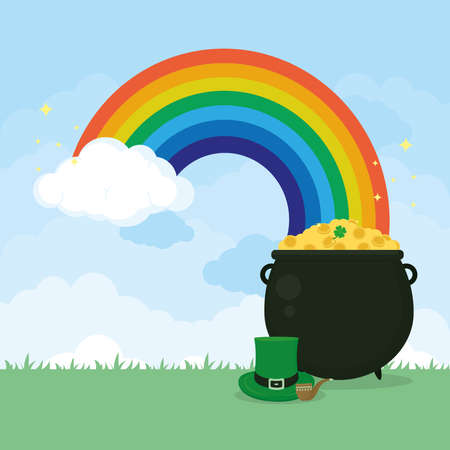 Saint Patrick day illustration with rainbow and pot with coinsのイラスト素材