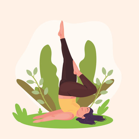 girl doing yoga over grassのイラスト素材
