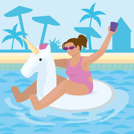 woman in pool with unicorn floatのイラスト素材