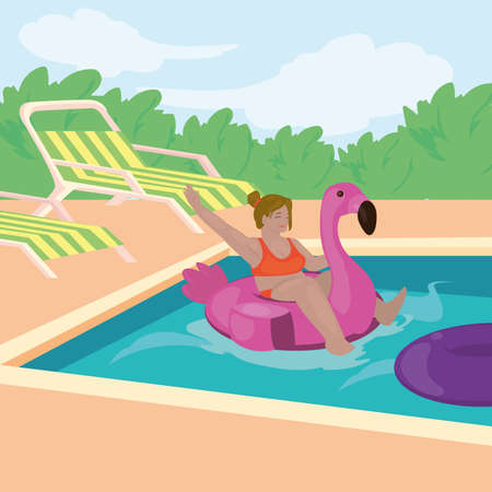 woman in pool with flamingo floatのイラスト素材