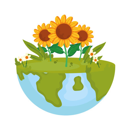 world globe with sunflowersのイラスト素材