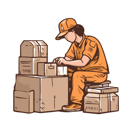 One adult delivering cargo in cardboard containerのイラスト素材