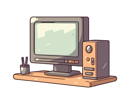 old computer equipment on desk in officeのイラスト素材