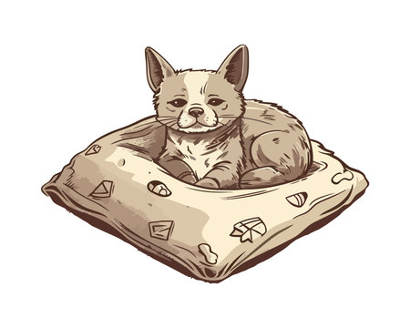 Cute cartoon puppy sitting, resting on cushionのイラスト素材