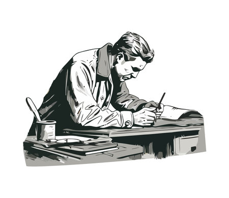 One businessman sitting at desk, working hardのイラスト素材