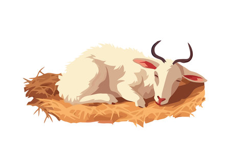 Cute goat on stack hay, flat iconのイラスト素材