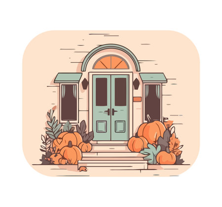 Autumn door house with pumpkins decoration, designのイラスト素材