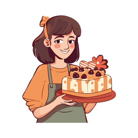 Smiling child holds cake, sweet foodのイラスト素材