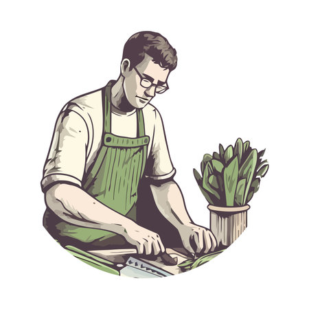One man working on organic vegetable gardenのイラスト素材