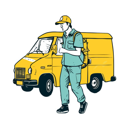 Delivery worker driving yellow truckのイラスト素材