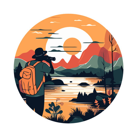 Man hiking mountain trail, backpacks and natureのイラスト素材