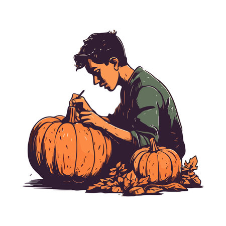 One person sitting with pumpkin lantern smilingのイラスト素材