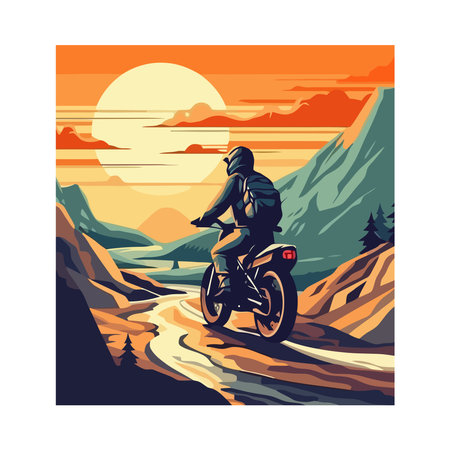 Mountain biker riding motorcycle at sunset silhouetteのイラスト素材