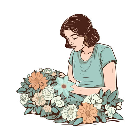 woman with cute bouquet of daisies illustrationのイラスト素材