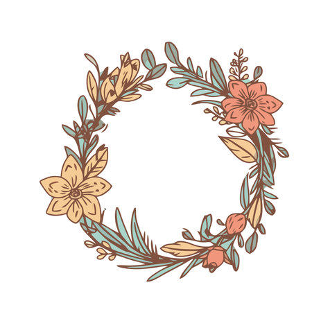 Floral wreath decoration with blossoms and leavesのイラスト素材