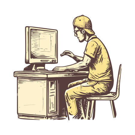 One man sitting at desk using computerのイラスト素材