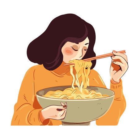 A woman eating a noodles with chopsticks in a bowlのイラスト素材