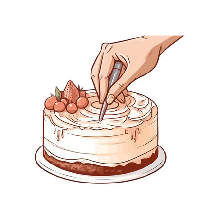 Hand drawn cartoon chef baking sweet cakeのイラスト素材